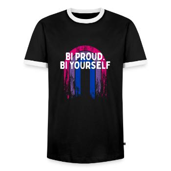 Bi Proud Bi Yourself Bisexual Motivational Quote - Men's Ringer Shirt - black/white - Front - AI Model Female 172 light (172cm) & AI Model Male 178 light (178cm)