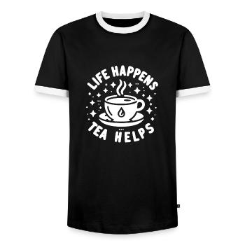 Life Happens Tea Helps - Men's Ringer Shirt - black/white - Front - AI Model Female 172 light (172cm) & AI Model Male 178 light (178cm)