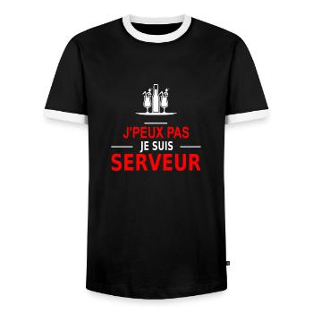 j'peux pas je suis serveur - Men's Ringer Shirt - black/white - Front - AI Model Female 172 light (172cm) & AI Model Male 178 light (178cm)