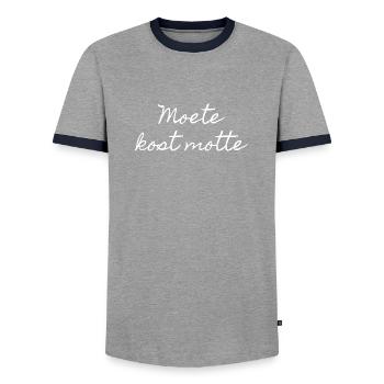 Chemises en dialecte anversois. Moete kost motte - T-shirt contrasté Homme - gris/marine  - Devant - AI Model Female 172 light (172cm) & AI Model Male 178 light (178cm)