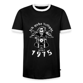 50ème anniversaire Je tourne à plein régime depuis 03/1975 - T-shirt contrasté Homme - noir/blanc - Devant - AI Model Female 172 light (172cm) & AI Model Male 178 light (178cm)