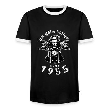 70e anniversaire, je tourne à plein régime depuis 03/1955 - T-shirt contrasté Homme - noir/blanc - Devant - AI Model Female 172 light (172cm) & AI Model Male 178 light (178cm)