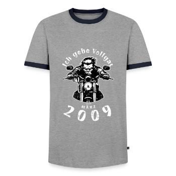 16ème anniversaire Je tourne à plein régime depuis 03/2009 - T-shirt contrasté Homme - gris/marine  - Devant - AI Model Female 172 light (172cm) & AI Model Male 178 light (178cm)