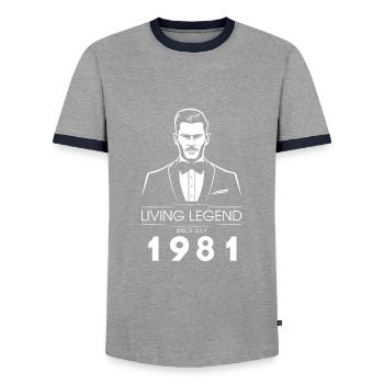 44. Geburtstag Living Legend (GENT) since 07/1981 - Men's Ringer Shirt - grey/navy  - Front - AI Model Female 172 light (172cm) & AI Model Male 178 light (178cm)