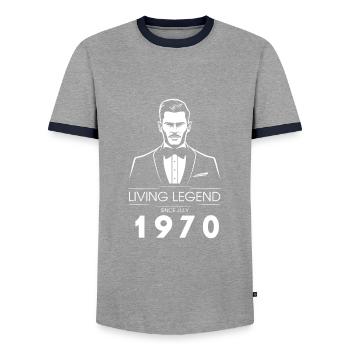 55th Birthday Living Legend (GENT) since 07/1970 - Men's Ringer Shirt - grey/navy  - Front - AI Model Female 172 light (172cm) & AI Model Male 178 light (178cm)