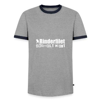 Beef tenderloin does not crumble Fun Shirt Gift Idea - Men's Ringer Shirt - grey/navy  - Front - AI Model Female 172 light (172cm) & AI Model Male 178 light (178cm)