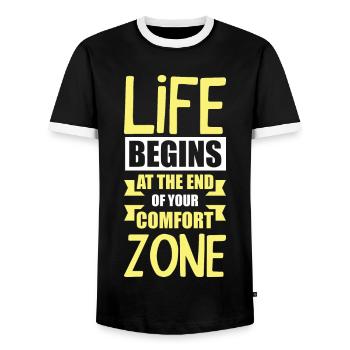 Life Begins at the end of your Comfort Zone - Men's Ringer Shirt - black/white - Front - AI Model Female 172 light (172cm) & AI Model Male 178 light (178cm)