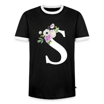 Purple Floral Letter S - Men's Ringer Shirt - black/white - Front - AI Model Female 172 light (172cm) & AI Model Male 178 light (178cm)