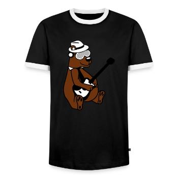 Seated Bear Brown Bear Plays Guitar Guitarist - Men's Ringer Shirt - black/white - Front - AI Model Female 172 light (172cm) & AI Model Male 178 light (178cm)