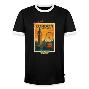 London Vintage Travel Illustration - England - Men's Ringer Shirt - black/white - Front - AI Model Female 172 light (172cm) & AI Model Male 178 light (178cm)