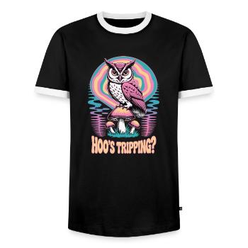 Hoo's Tripping Owl Design - Men's Ringer Shirt - black/white - Front - AI Model Female 172 light (172cm) & AI Model Male 178 light (178cm)