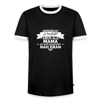 PERFEKTE MAMA - Männer Kontrast-T-Shirt - Schwarz/Weiß - Vorne - AI Model Female 172 light (172cm) & AI Model Male 178 light (178cm)