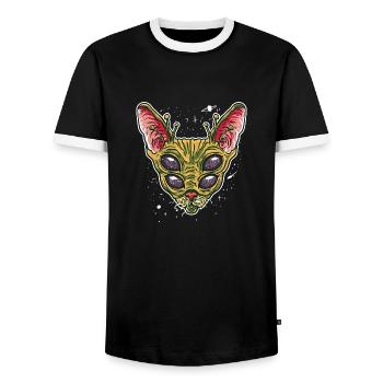 Funny Alien Cat Illustration Gift for - Men's Ringer Shirt - black/white - Front - AI Model Female 172 light (172cm) & AI Model Male 178 light (178cm)