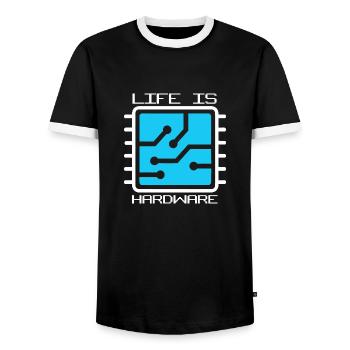 LIFE IS HARDWARE #lovely toons - Men's Ringer Shirt - black/white - Front - AI Model Female 172 light (172cm) & AI Model Male 178 light (178cm)