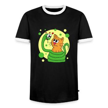 Schlange ist verliebt in Katze - Männer Kontrast-T-Shirt - Schwarz/Weiß - Vorne - AI Model Female 172 light (172cm) & AI Model Male 178 light (178cm)