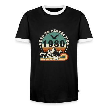 Bis zur Perfektion gealtert 1980 Retro -Edition 2025. - Männer Kontrast-T-Shirt - Schwarz/Weiß - Vorne - AI Model Female 172 light (172cm) & AI Model Male 178 light (178cm)