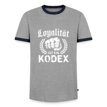 Loyalität ist ein Kodex - Men's Ringer Shirt - grey/navy  - Front - AI Model Female 172 light (172cm) & AI Model Male 178 light (178cm)