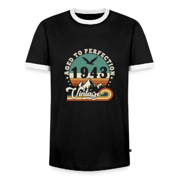 Aged to perfection 1943 Retro -Edition 2025. - Men's Ringer Shirt - black/white - Front - AI Model Female 172 light (172cm) & AI Model Male 178 light (178cm)
