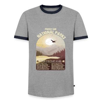 New Zealand's National Parks - Men's Ringer Shirt - grey/navy  - Front - AI Model Female 172 light (172cm) & AI Model Male 178 light (178cm)