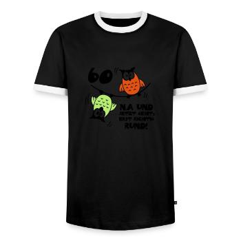 60. Geburtstag - Eulen - jetzt geht's rund - Männer Kontrast-T-Shirt - Schwarz/Weiß - Vorne - AI Model Female 172 light (172cm) & AI Model Male 178 light (178cm)