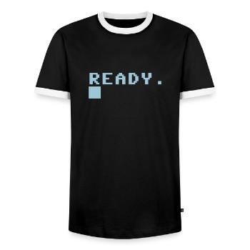 C64 Ready Nerd Computer Retro Gift Idea - Men's Ringer Shirt - black/white - Front - AI Model Female 172 light (172cm) & AI Model Male 178 light (178cm)