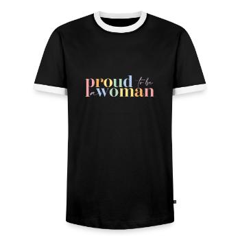 Proud woman | Big Front - Men's Ringer Shirt - black/white - Front - AI Model Female 172 light (172cm) & AI Model Male 178 light (178cm)