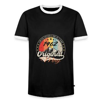 Mai 1962 | Jahrgang 1962 Jubiläum | Mai 1962 - Männer Kontrast-T-Shirt - Schwarz/Weiß - Vorne - AI Model Female 172 light (172cm) & AI Model Male 178 light (178cm)