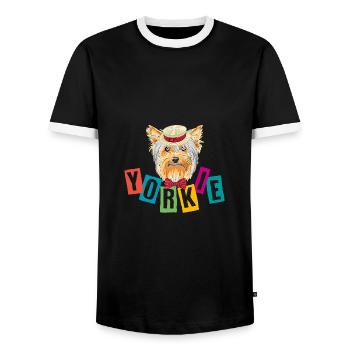 Lustiger Yorkie mit Hut und Schleife - Männer Kontrast-T-Shirt - Schwarz/Weiß - Vorne - AI Model Female 172 light (172cm) & AI Model Male 178 light (178cm)
