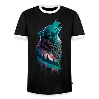 Aurores boréales en forme de loup dans la forêt - T-shirt contrasté Homme - noir/blanc - Devant - AI Model Female 172 light (172cm) & AI Model Male 178 light (178cm)
