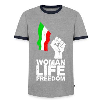Femme, vie, liberté | Libérez l’Iran ! | Avec drapeau - T-shirt contrasté Homme - gris/marine  - Devant - AI Model Female 172 light (172cm) & AI Model Male 178 light (178cm)