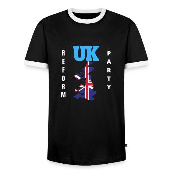 UK Reform Party - Men's Ringer Shirt - black/white - Front - AI Model Female 172 light (172cm) & AI Model Male 178 light (178cm)