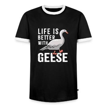 Life With Geese Cute Ironic Goose Bird - Men's Ringer Shirt - black/white - Front - AI Model Female 172 light (172cm) & AI Model Male 178 light (178cm)