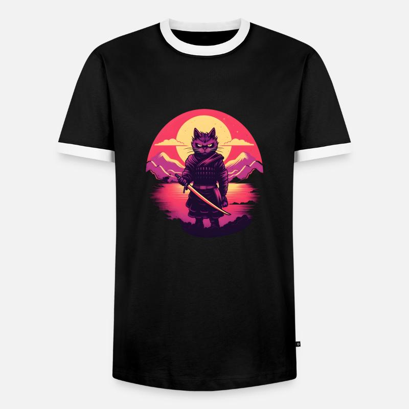 Synthwave samouraï Chat - T-shirt contrasté Homme - noir/blanc