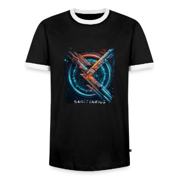 Signe du zodiaque Sagittaire à l’ère cyberpunk Futur - T-shirt contrasté Homme - noir/blanc - Devant - AI Model Female 172 light (172cm) & AI Model Male 178 light (178cm)