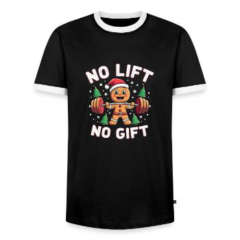 No Lift No Gift - Bodybuilder Gingerbread Man - Men's Ringer Shirt - black/white - Front - AI Model Female 172 light (172cm) & AI Model Male 178 light (178cm)