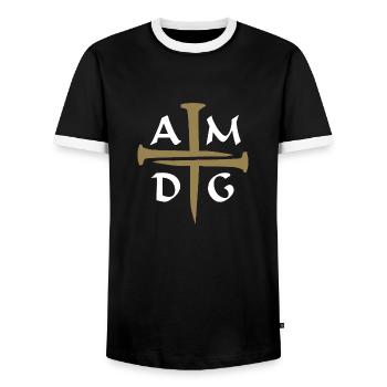 Three Nails Cross AMDG - Men's Ringer Shirt - black/white - Front - AI Model Female 172 light (172cm) & AI Model Male 178 light (178cm)