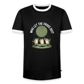 Wer hat die Frösche rausgelassen? - Niedlicher Frosch Aufkleber - Männer Kontrast-T-Shirt - Schwarz/Weiß - Vorne - AI Model Female 172 light (172cm) & AI Model Male 178 light (178cm)