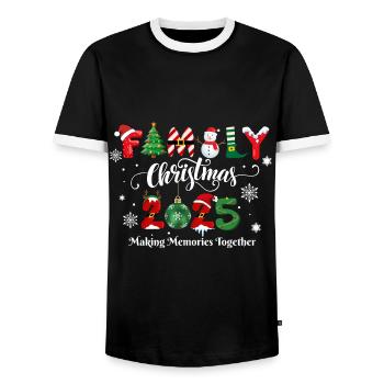 FROHE WEIHNACHTEN, Familienweihnachten 2025 - Männer Kontrast-T-Shirt - Schwarz/Weiß - Vorne - AI Model Female 172 light (172cm) & AI Model Male 178 light (178cm)