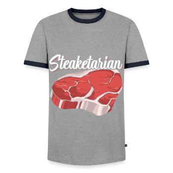 Steak-Liebhaber Feinschmecker Grillen - Männer Kontrast-T-Shirt - Grau/Navy  - Vorne - AI Model Female 172 light (172cm) & AI Model Male 178 light (178cm)