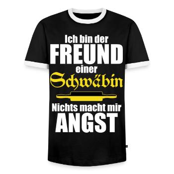 Ich bin der Freund einer Schwäbin Lustiger Spruch - Männer Kontrast-T-Shirt - Schwarz/Weiß - Vorne - AI Model Female 172 light (172cm) & AI Model Male 178 light (178cm)