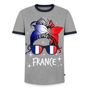 France - Men's Ringer Shirt - grey/navy  - Front - AI Model Female 172 light (172cm) & AI Model Male 178 light (178cm)