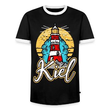 Kiel Germany City Lighthouse Skyline Font - Men's Ringer Shirt - black/white - Front - AI Model Female 172 light (172cm) & AI Model Male 178 light (178cm)
