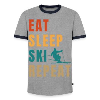 Eat sleep ski repeat - Men's Ringer Shirt - grey/navy  - Front - AI Model Female 172 light (172cm) & AI Model Male 178 light (178cm)