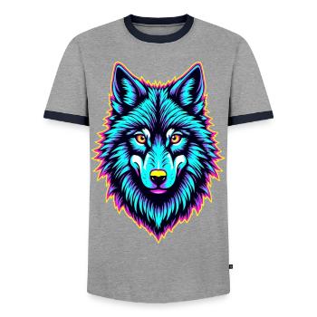 Tête de loup néon – Psychedelic Glow Animal Design - T-shirt contrasté Homme - gris/marine  - Devant - AI Model Female 172 light (172cm) & AI Model Male 178 light (178cm)