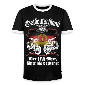 Ostmoped DDR Wer IFA fährt, fährt nie verkehrt VEB - Männer Kontrast-T-Shirt - Schwarz/Weiß - Vorne - AI Model Female 172 light (172cm) & AI Model Male 178 light (178cm)