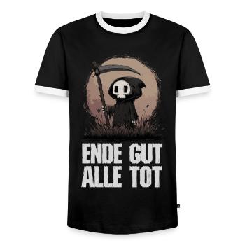 Tout est mort – Humour de la faucheuse - T-shirt contrasté Homme - noir/blanc - Devant - AI Model Female 172 light (172cm) & AI Model Male 178 light (178cm)