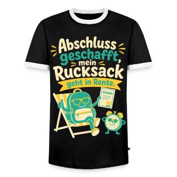 Abschluss geschafft, mein Rucksack geht in Rente. - Männer Kontrast-T-Shirt - Schwarz/Weiß - Vorne - AI Model Female 172 light (172cm) & AI Model Male 178 light (178cm)