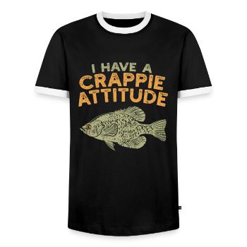 FISHING: Crappie attitude - Men's Ringer Shirt - black/white - Front - AI Model Female 172 light (172cm) & AI Model Male 178 light (178cm)