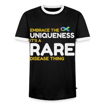 Une maladie rare unique en son genre : sensibiliser le public - T-shirt contrasté Homme - noir/blanc - Devant - AI Model Female 172 light (172cm) & AI Model Male 178 light (178cm)