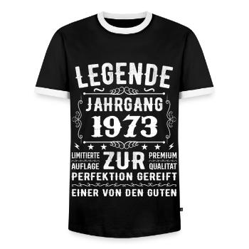 Legend - Vintage 1973 - Matured to perfection - Men's Ringer Shirt - black/white - Front - AI Model Female 172 light (172cm) & AI Model Male 178 light (178cm)